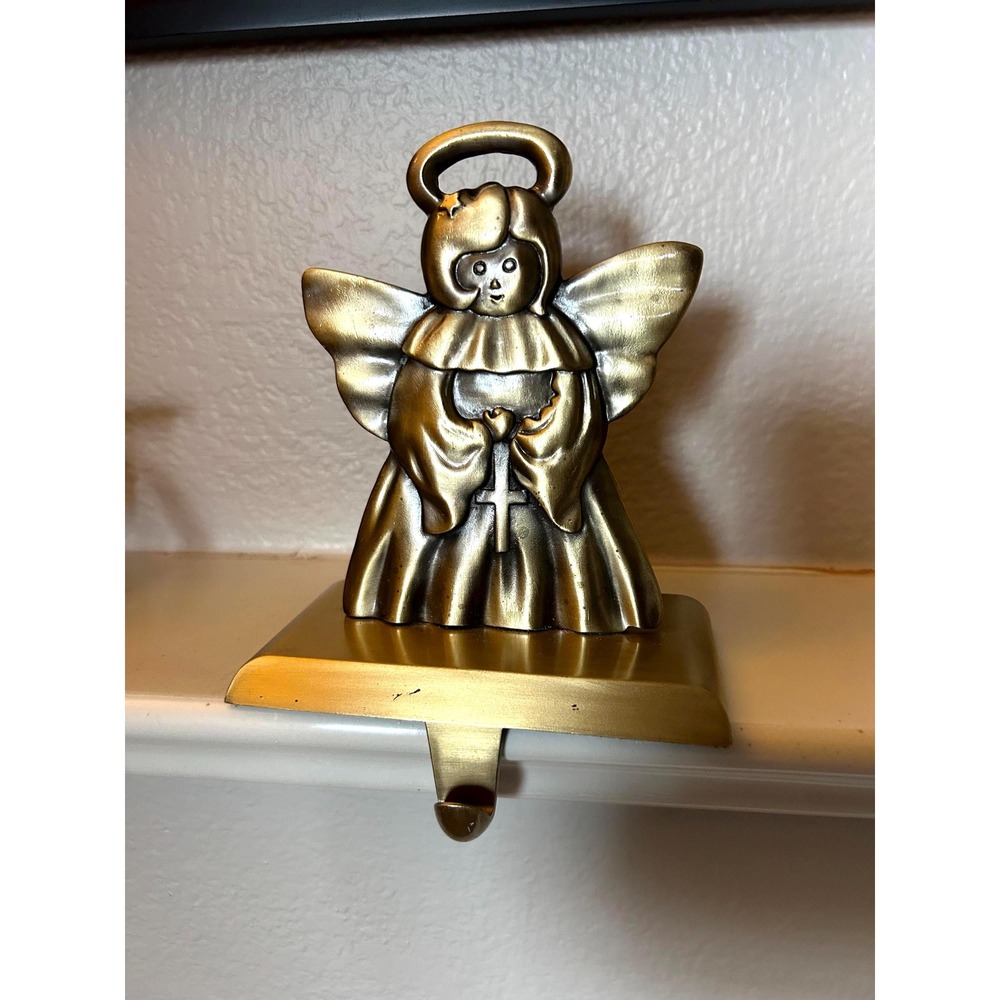 Vintage Heavy Brass Stocking Holder Angel